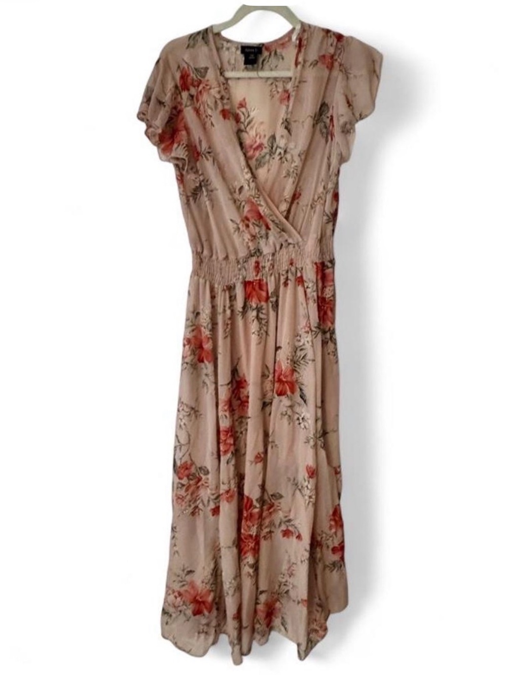 Floral Wrap Maxi Dress - Beige with Coral Blossoms